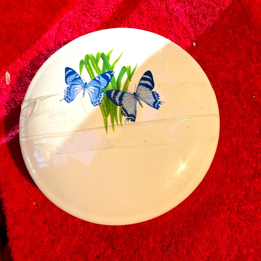 Vtg FTD Floral Ceramic Trinket Dish White and Blue Butterflies Made in Thailand